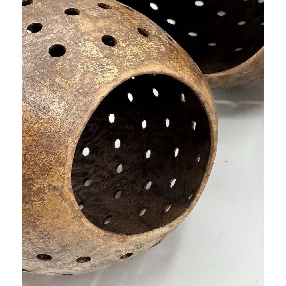 3 Piece Coconut Shell Candle Holders Set Hollow Pierced Handmade Natural Rustic